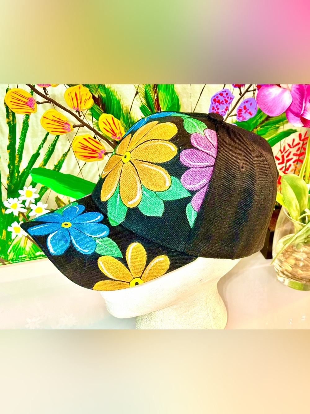 Black Floral Painted Baseball Cap - Multicolor Flower Print - Picture 8 of 13